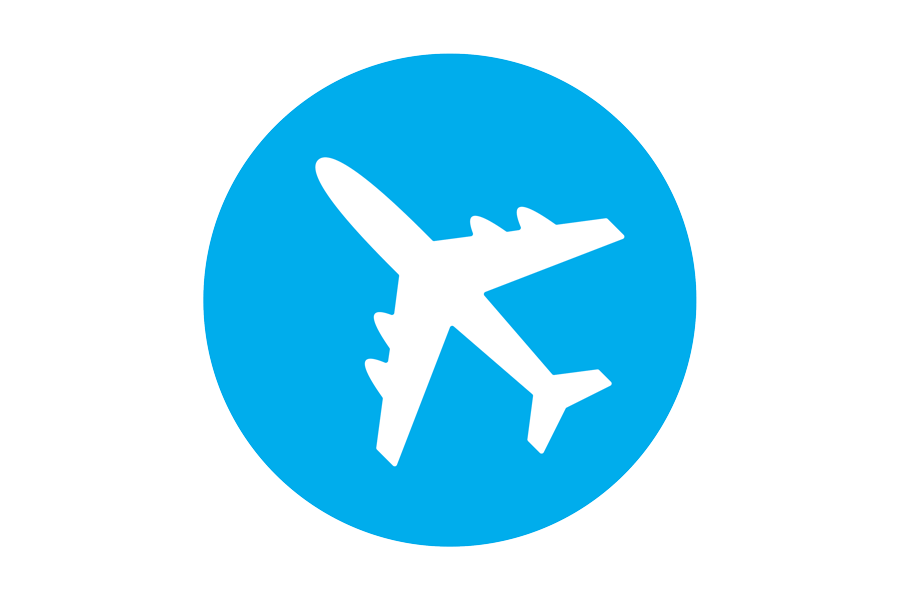 Blue icon of a white plane.